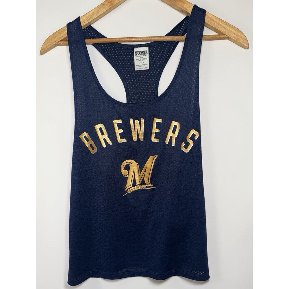 Victoria Secret PINK Brewers MLB Milwaukee Tank Top Mesh Racerback Blue Womens S